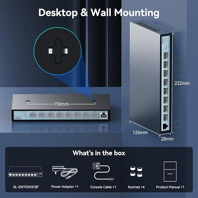 SODOLA 8 Port 10G L3 Managed Switch, 8X10G SFP+ Interface, Link Aggregation/QoS/VLAN/IGMP, Wall Mounted Fanless 10Gb SFP Network Switch（SFPPorts Only,Transceiver is NOT Included