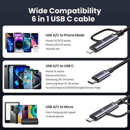 YOUSAMS 240W Multi Charging Cable, 6.6ft 6-in-1 USB C Cable Fast Charging Cords with USB-C/A Ports to IP/Type C/Micro Connectors for Pad/Cell Phones/Tablets/Laptop