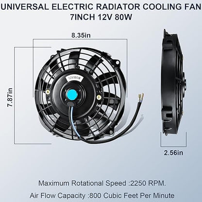 MuHize 7 Inch Slim Radiator Fan - 12V 80W 800 CFM High Performance Cooling Fan Kit with Mount for Universal Vehicles(Black, Pack of 2)