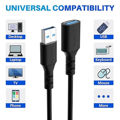 3 Pack USB 3.0 Extension Cable 4 Feet, USB A Male to Female Extender Cord, 5Gbps Data Transfer for Webcam, Printer, Keyboard, Mouse, Flash Drive, Hard Drive, Controller, Black Cable with 5 Cable Ties