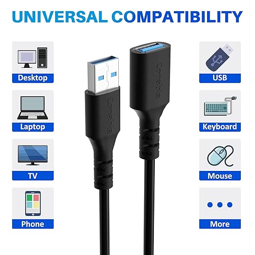 3 Pack USB 3.0 Extension Cable 8 Feet, USB A Male to Female Extender Cord, 5Gbps Data Transfer for Webcam, Printer, Keyboard, Mouse, Flash Drive, Hard Drive, Controller, Black Cable with 5 Cable Ties