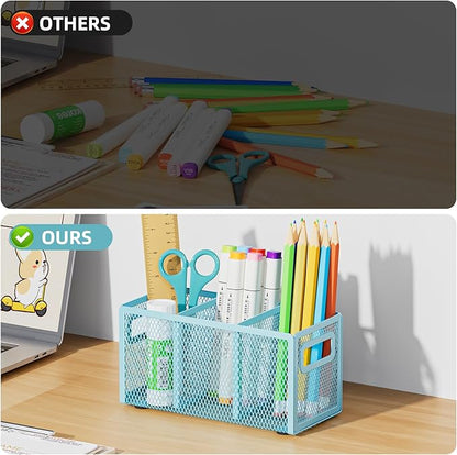 Marbrasse Mesh Pen Holder for Desk,Pencil Holder Desk Organizer 3 Adjustable Compartments,Pencil Cup with Handle Perfect for Classroom, Office, Home,Makeup,Art (Blue)