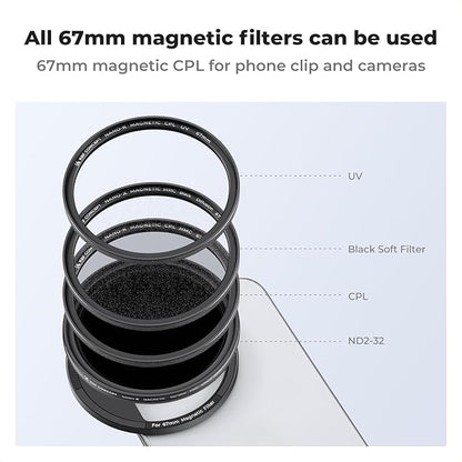 K&F Concept Clip On 67mm Variable ND2-32 Magnetic Phone Lens Filter Kit, Phone Clip with Magnetic Adapter Ring/Cold Shoe/Locking Knob, Neutral Density Filter for iPhone 16 15 Pro Max 14 13