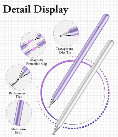 Stylus Pen for iPad, LUNTAK Stylus Pens for Apple/iPhone/Ipad pro/Mini/Air/Android/Microsoft/Surface All Capacitive Touch Screens Universal with 4 Replacement Tips (2 Pcs, Purple and Silver)