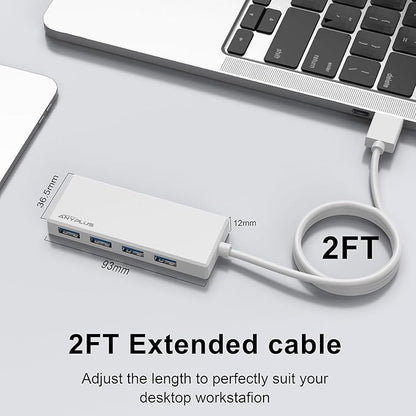 USB Hub, Multiport USB Splitter Adapter, 2 ft Long Cable USB 3.0 Hub, USB Extender for Laptop, PC, iMac, Surface Pro, MacBook, Mac Pro, Flash Drive, XPS, Mouse, HDD【White】