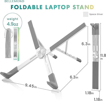 BELLEMOND | X-Shape Laptop Stand – Adjustable Aluminum Riser, 5 Height Levels, Lightweight & Foldable, Ventilated, for Laptops and Tablets up to 17.3" | Space Silver