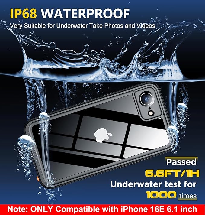 SPIDERCASE for iPhone 16e Case Waterproof,Built-in Screen & Camera Lens Protector[IP68 Underwater] Full Body Protection Phone Case for iPhone 16e 6.1'', Black/Clear