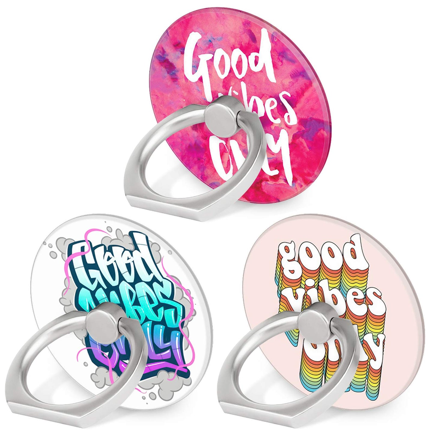 Bonoma Phone Ring Holder, 3 Pack Good Vibes Only Universal Finger Ring Stand Grip Kickstand Compatible with Smartphones and Tablets