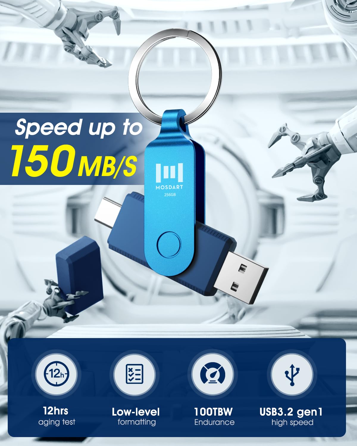 MOSDART 256GB USB C and A 3.2 150MB/s Dual Flash Drive with Keychain, Navy