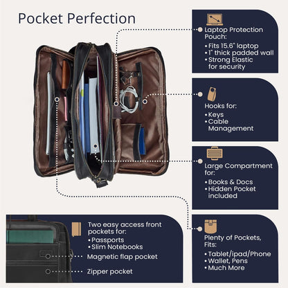 Luxorro Full Grain Leather Briefcase for Men, Top Choice Gifts for Men, Handcrafted Leather Laptop Bag with Multiple Compartments and Brass Hardware, Fits 15.6 Inch Laptop
