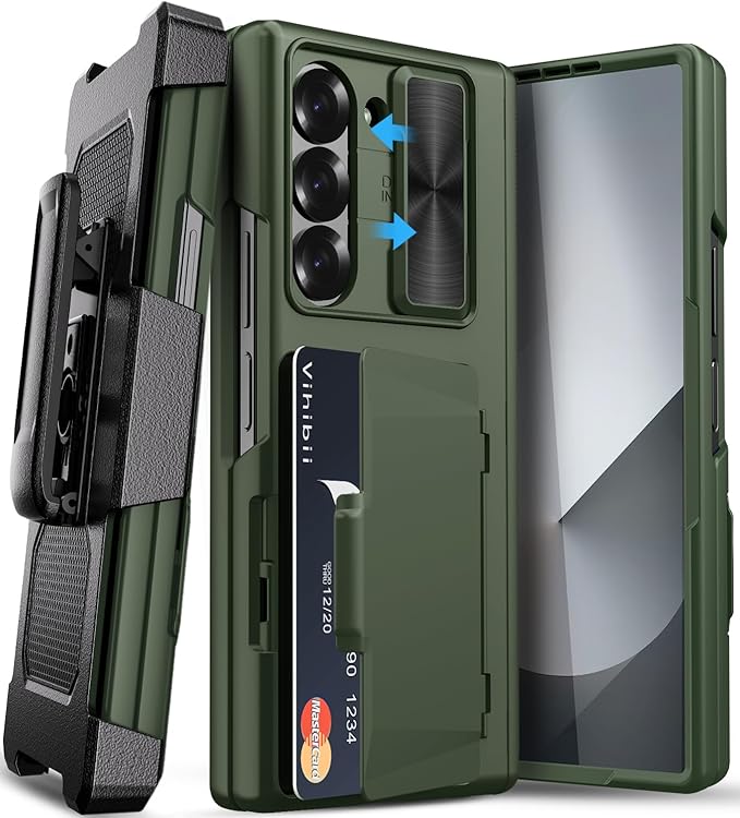 Vihibii for Samsung Galaxy Z Fold 6 Case with Belt Clip Holster & Card Holder & Screen Protector & Camera Cover & Hinge Protection, Full Body Cover Sturdy Wallet Phone Case for Galaxy Z Fold 6, Green