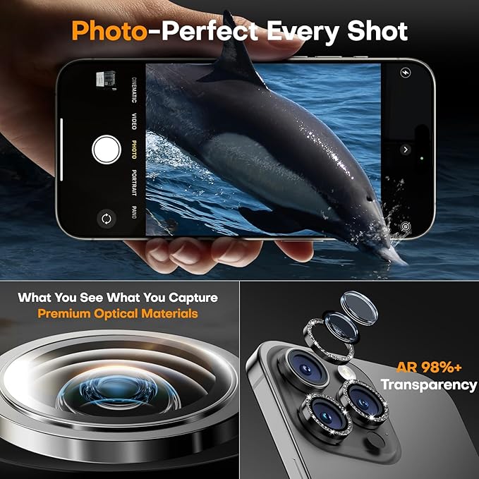 Camera Lens Protector for iPhone 16 Pro Max/16 Pro/15 Pro Max/15 Pro/14 Pro Max/14 Pro, Sapphire Glass Metal Individual Camera Cover Screen, Anti-drop, Case Friendly- Glitter Black Titanium