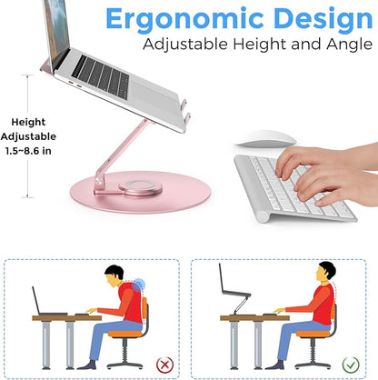 Swivel Laptop Stand for Desk, Adjustable Height Aluminum Computer Stand with 360 Rotating Base, Foldable Ergonomic Riser, Portable Laptop Holder Compatible with MacBook, All Laptops 10-17'', Pink