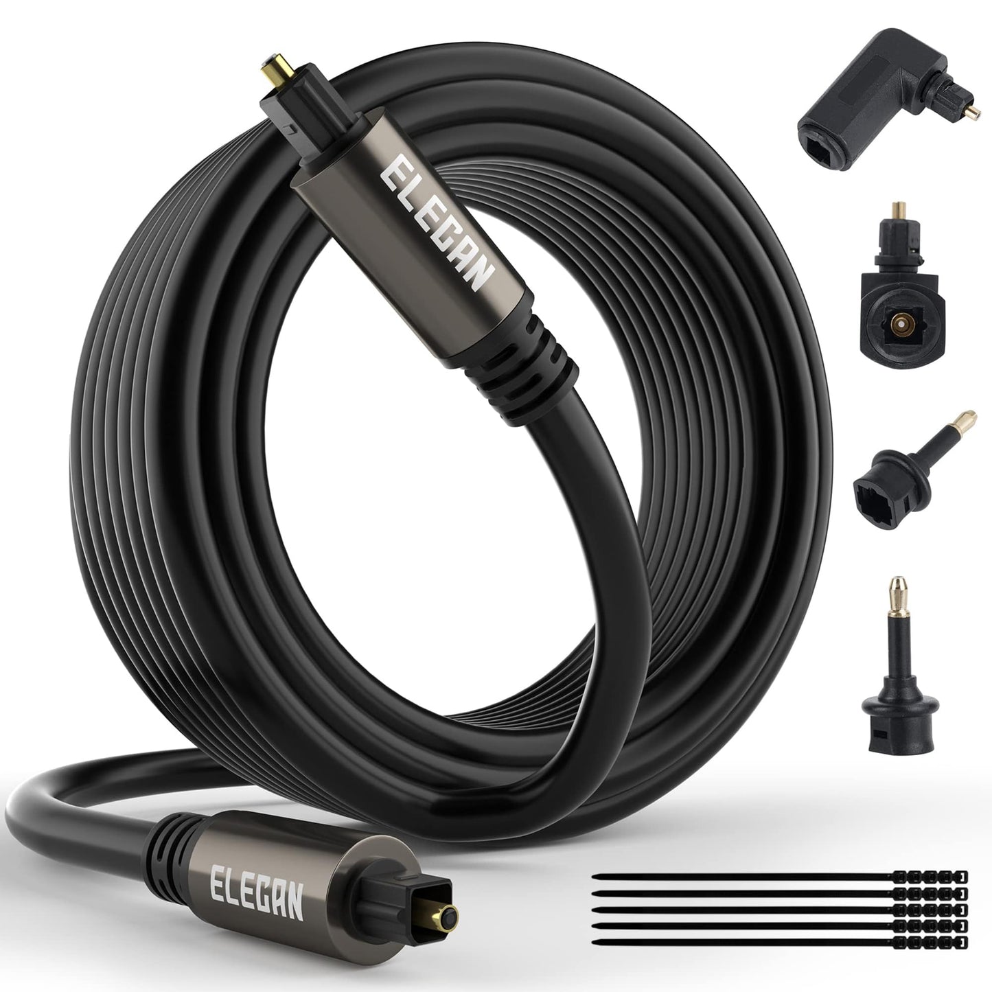 Elecan Optical Audio Cable 50 Ft Digital Audio Toslink Cable Cord-Fiber Optic-Gold Plated-Flexiable&Durable-for Home Theater,Sound Bar,PS4&Xbox-with 4 Right Angled and Mini Toslink Adapters+Ties