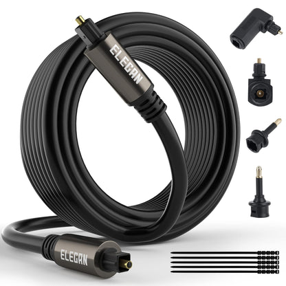 Elecan Optical Audio Cable 50 Ft Digital Audio Toslink Cable Cord-Fiber Optic-Gold Plated-Flexiable&Durable-for Home Theater,Sound Bar,PS4&Xbox-with 4 Right Angled and Mini Toslink Adapters+Ties