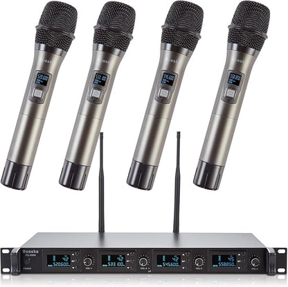 Wireless Microphone System, 4-Channel UHF Wireless Mic, Fixed Frequency Metal Cordless Mic with 4 Handheld Dynamic Microphones, 200ft Range, Mics for Singing, Church (4 Handheld)
