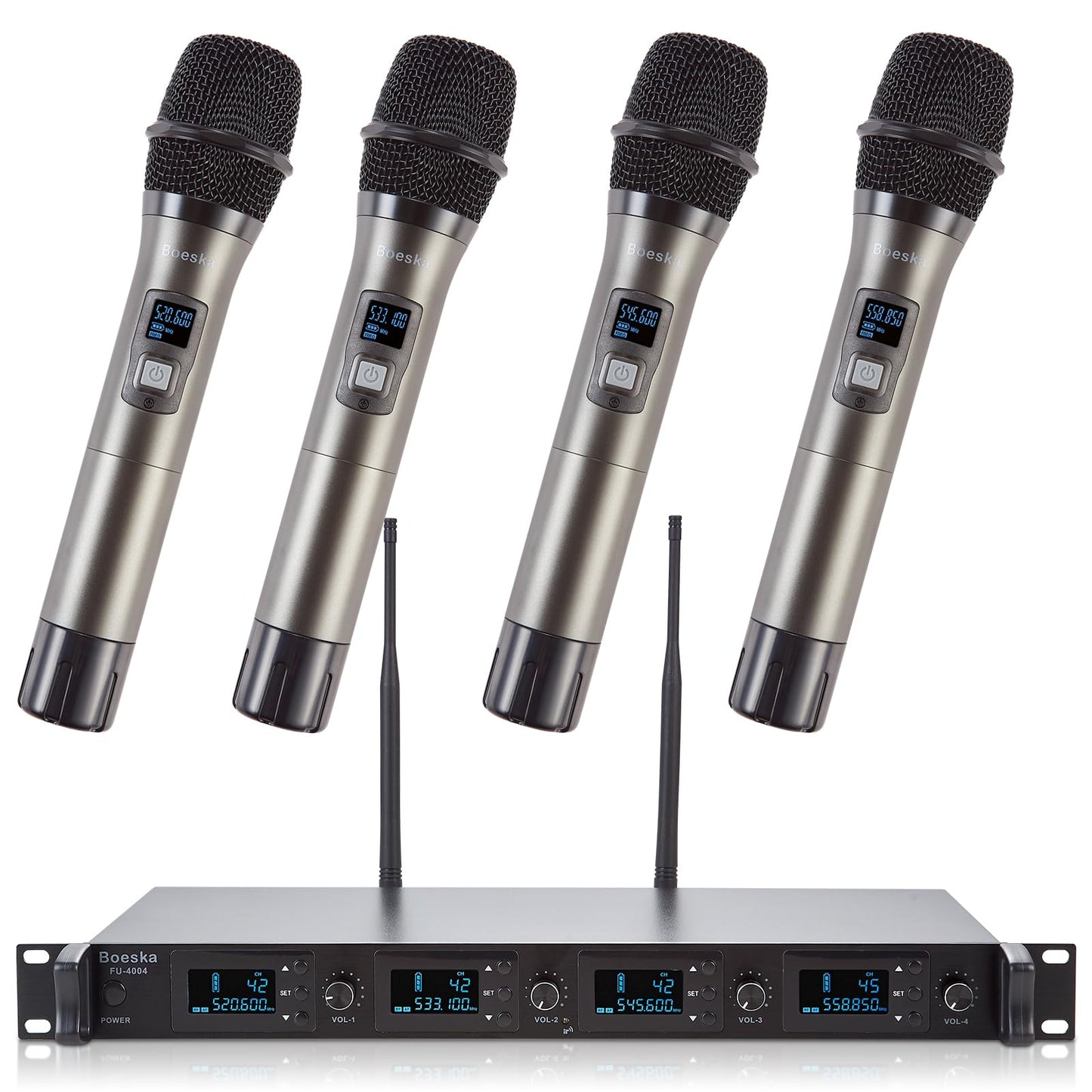 Boeska Wireless Microphone System, 4-Channel UHF Wireless Mic, Fixed Frequency Metal Cordless Mic with 4 Handheld Dynamic Microphones, 200ft Range, Mics for Singing, Church (4 Handheld)