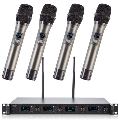 Boeska Wireless Microphone System, 4-Channel UHF Wireless Mic, Fixed Frequency Metal Cordless Mic with 4 Handheld Dynamic Microphones, 200ft Range, Mics for Singing, Church (4 Handheld)