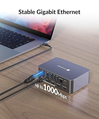 AV Access Docking Station Dual Monitor for Laptop & Desktop, USB-C Charge, Aluminum, KVM Switcher for 2 Computers with Ethernet, EDID, 4K@60Hz/2K@144Hz/1080P@240Hz, 3xUSB 3.0, Power Supply, Audio, SD