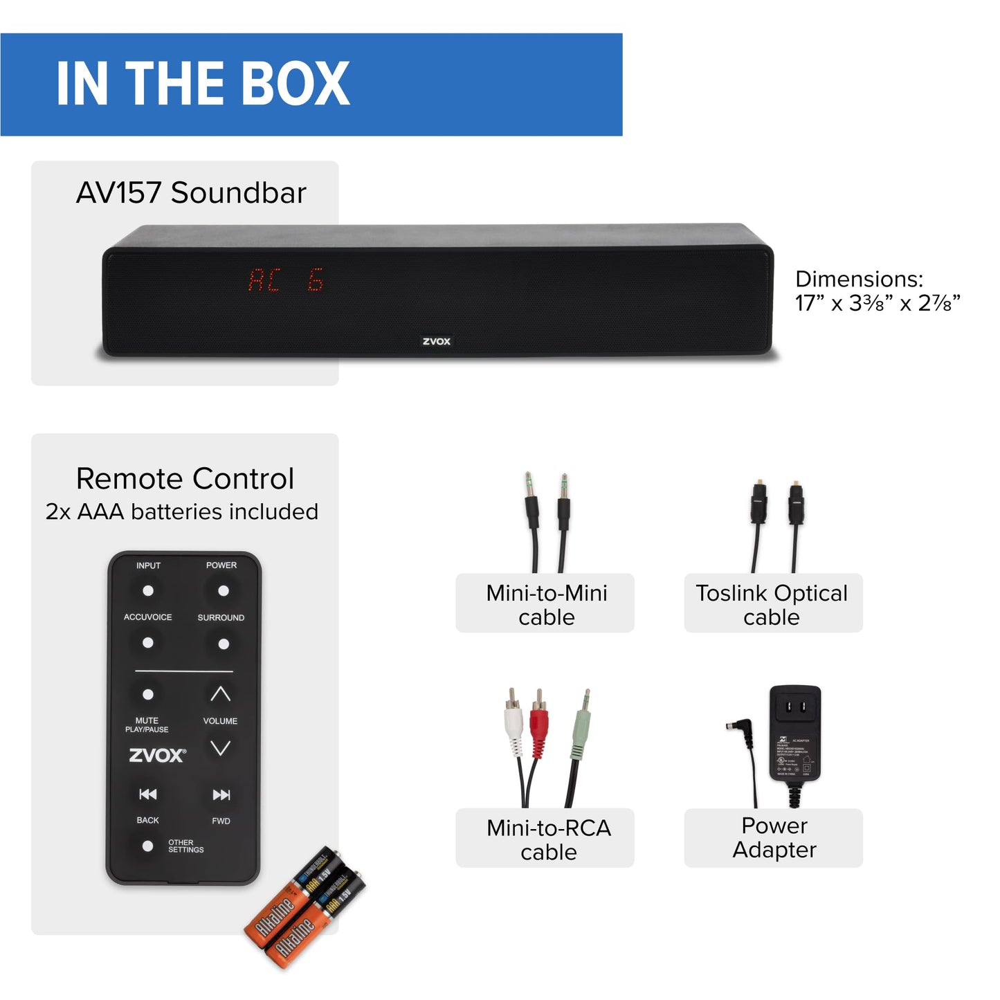 ZVOX Dialogue Clarifying Sound Bar - Patented Hearing Technology, AccuVoice TV Sound Bar with 12 Levels of Voice Boost, 17" Home Theater TV Speakers, Ideal for Smart TVs - AV157 Black