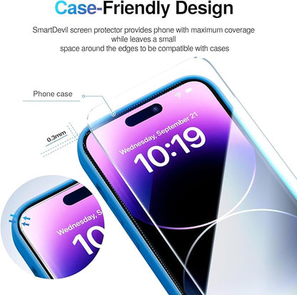 SMARTDEVIL 2 Pack Screen Protector for iPhone 14 Pro(6.1 Inch) Tempered Glass, HD Clear Film, Easy Installation, Dust-Free & Bubble-Free