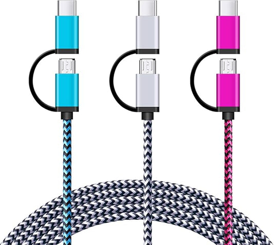 USB C Cable, SIXSIM 3Pack 6Ft 2 in 1 Cable Type C Charger Cable Nylon Braided USB A and Micro USB Cable for iPhone 16/16 Pro/16 Pro Max, Samsung Galaxy S24 S23 Ultra S22 S21 Plus, More Android Devices