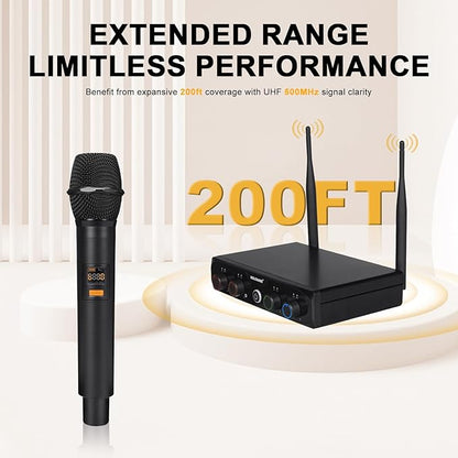 4-Channel Wireless Microphone System, UHF Compact Cordless Mic Set w/ 4x10 Frequencies, 200ft Range, Dynamic Handheld Microphone for Singing, Karaoke, Church, DJ, Wedding (MWM-41-4H)