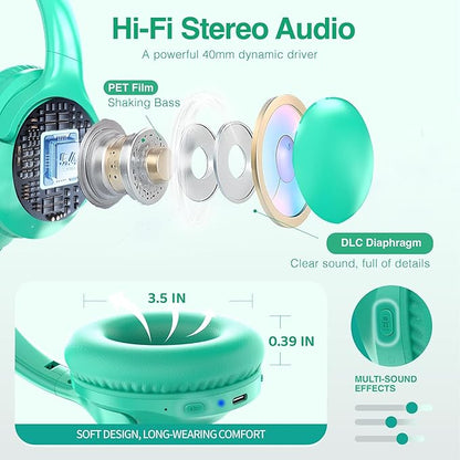 MIDOLA Bluetooth Headphones Over Ear 68H Playtime 6 EQ Wireless Headset with Microphone HiFi Stereo Foldable Lightweight Deep Bass for Travel Home Office Cellphone Cyan