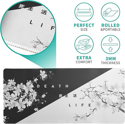 Black and White Mouse Pad 31.5 X 11.8 Inch Japanese Cherry Blossom Extended Large Mouse Mat Non-Slip Rubber Mousepad Stitched Edges Keyboard Mouse Mat Desk Pad for Office Home Game