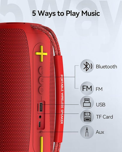 Portable Bluetooth Speaker with Light, Loud Sound and Deep Bass, IPX6 Waterproof, Up to 18H Playtime, TWS Pairing, Support Bluetooth/AUX/USB/TF Card for Home, Party, Outdoor and Travel (Red)