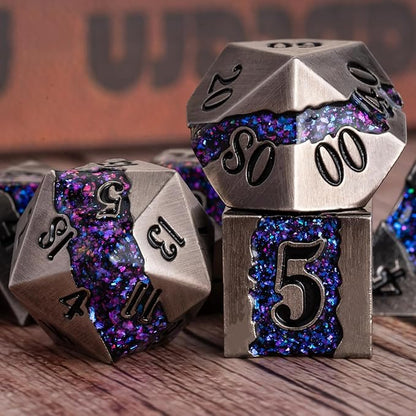 Metal Dice Set D&D, 7 PCS RPG Metallic Glitter Stripe Dice Set with Gift Box for Dungeons and Dragons Role Playing Games