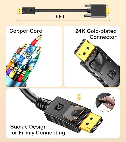 DisplayPort to VGA Cable 6FT, Display Port DP to VGA Adapter, 1080P@60Hz Video Cord from Laptop/Computer (DP) to Monitor/Projector (VGA), (Not Bidirectional, Not for HDMI or USB)