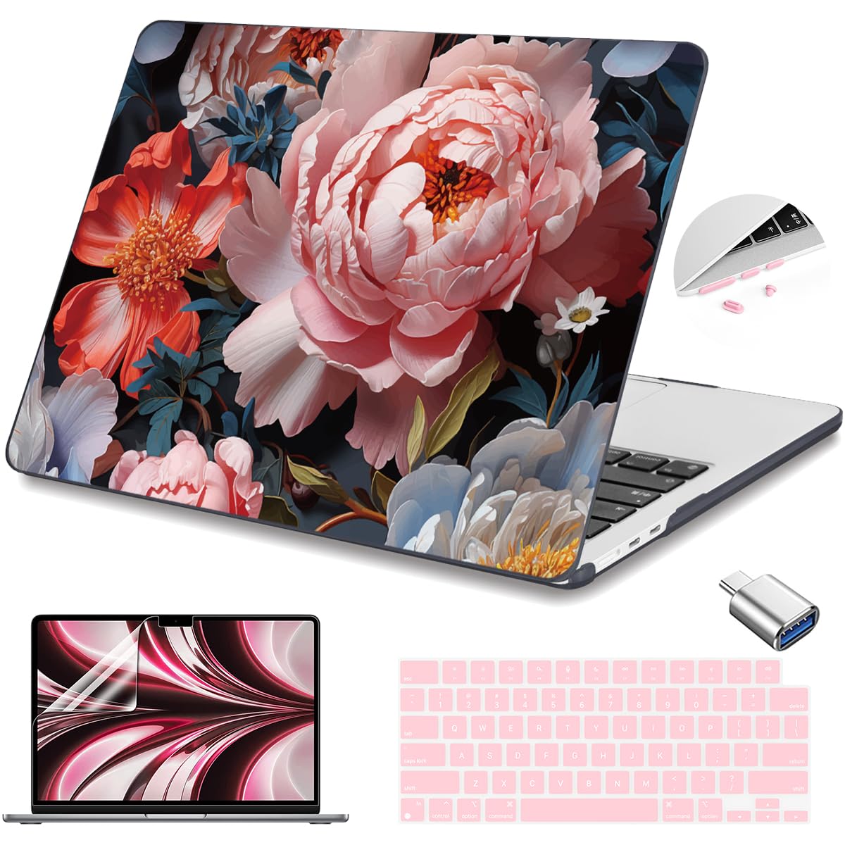 Teryeefi Compatible with MacBook Air 13.6 inch Case M2 M3 M4 M5 Release 2022 2023 2024 2025 2026,Model A3449 A3240 A3113 A2681,Design Slim Cover+Keyboard Cover+OTG Adapter, Colorful Peonies