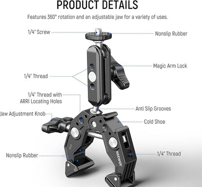 NEEWER Super Clamp with 3" Dual Ballhead Magic Arm, Cold Shoe, 1/4" Threads, Phone/Action Camera Mount Adapter for Desk Tripod Tube Crossbar Gimbal Rods Compatible with SmallRig GoPro DJI, ST83