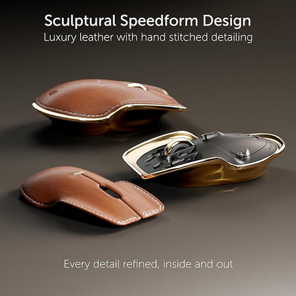 LUNAR ARTEFACTS Ambidextrous Rechargeable Bluetooth Wireless Computer Mouse Brown French Leather and Gold Tone Plated Aluminum, Qi Enabled USB-C