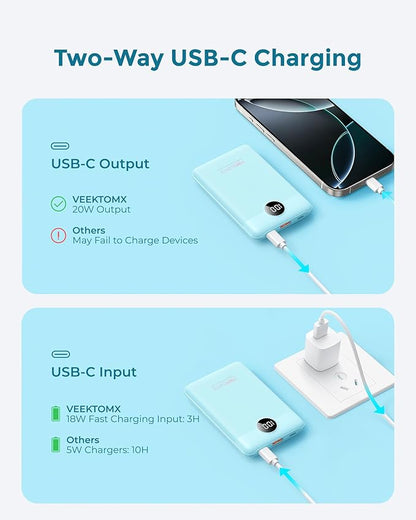 VEEKTOMX Mini Portable Charger 10000mAh, 22.5W Fast Charging Small Power Bank Slim & Lightweight Portable Phone Charger, Dual Voltage Battery Pack Compatible with iPhone/Samsung/Google/Tablet, Blue