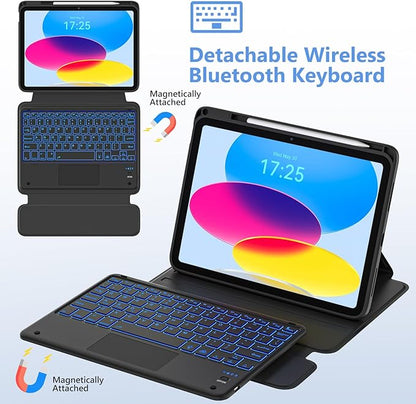TaIYanG Touchpad for iPad A16 11th/10th Generation Case with Keyboard, 7 Color Backlit 360 Rotation Cover with Pencil Holder,Detachable Keyboard for iPad 11 inch 2025/10th Gen 10.9'' 2022 (Black)