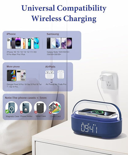 COLSUR 6-in-1 Bluetooth Speaker Alarm Clock with 15W Wireless Charger, FM Radio, Adjustable LED Night Light, 2500mAh Battery, Snooze Function – for Bedroom, Home, Office