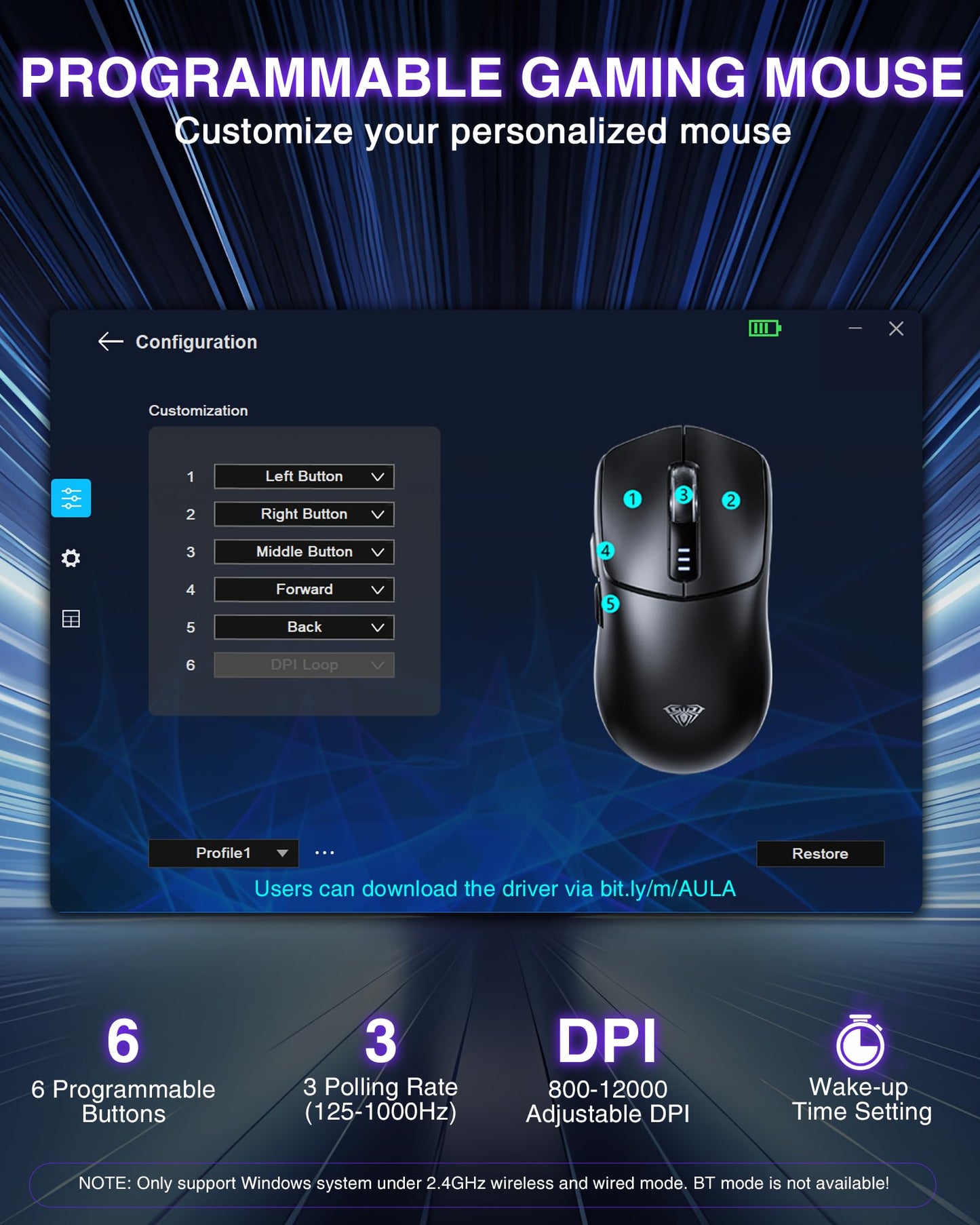 AULA SC580 Wireless Gaming Mouse, Tri-Mode 2.4G/BT5.0/USB-C Gaming Mouse, 12000 DPI Rechargeable Wireless Mouse with 6 Programmable Buttons, Ergonomic Computer Mouse for Laptop/PC/Mac/Tablet