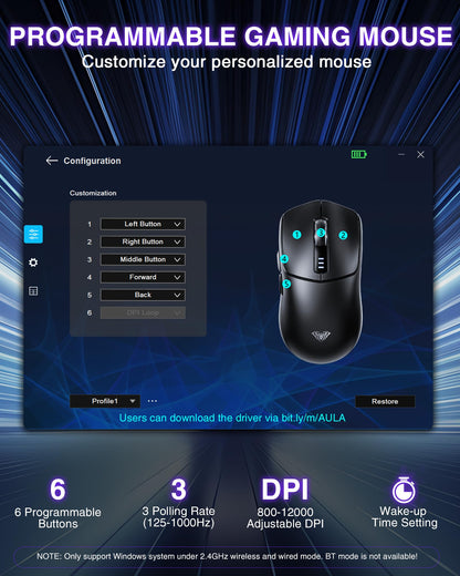 AULA SC580 Wireless Gaming Mouse, Tri-Mode 2.4G/BT5.0/USB-C Gaming Mouse, 12000 DPI Rechargeable Wireless Mouse with 6 Programmable Buttons, Ergonomic Computer Mouse for Laptop/PC/Mac/Tablet