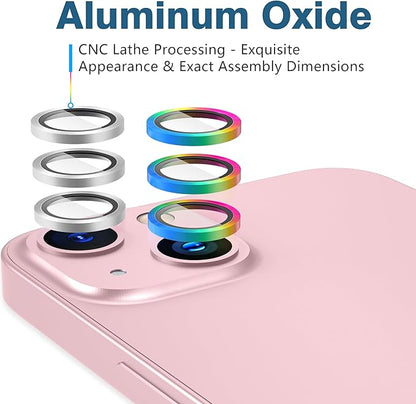 AGVEE 3+3 6 Pack for iPhone 15 6.1" / 15 Plus 6.7" Camera Lens Cover Protector, Metal Ring 9H Tempered HD Glass Camera Cover Protector Film, Silver