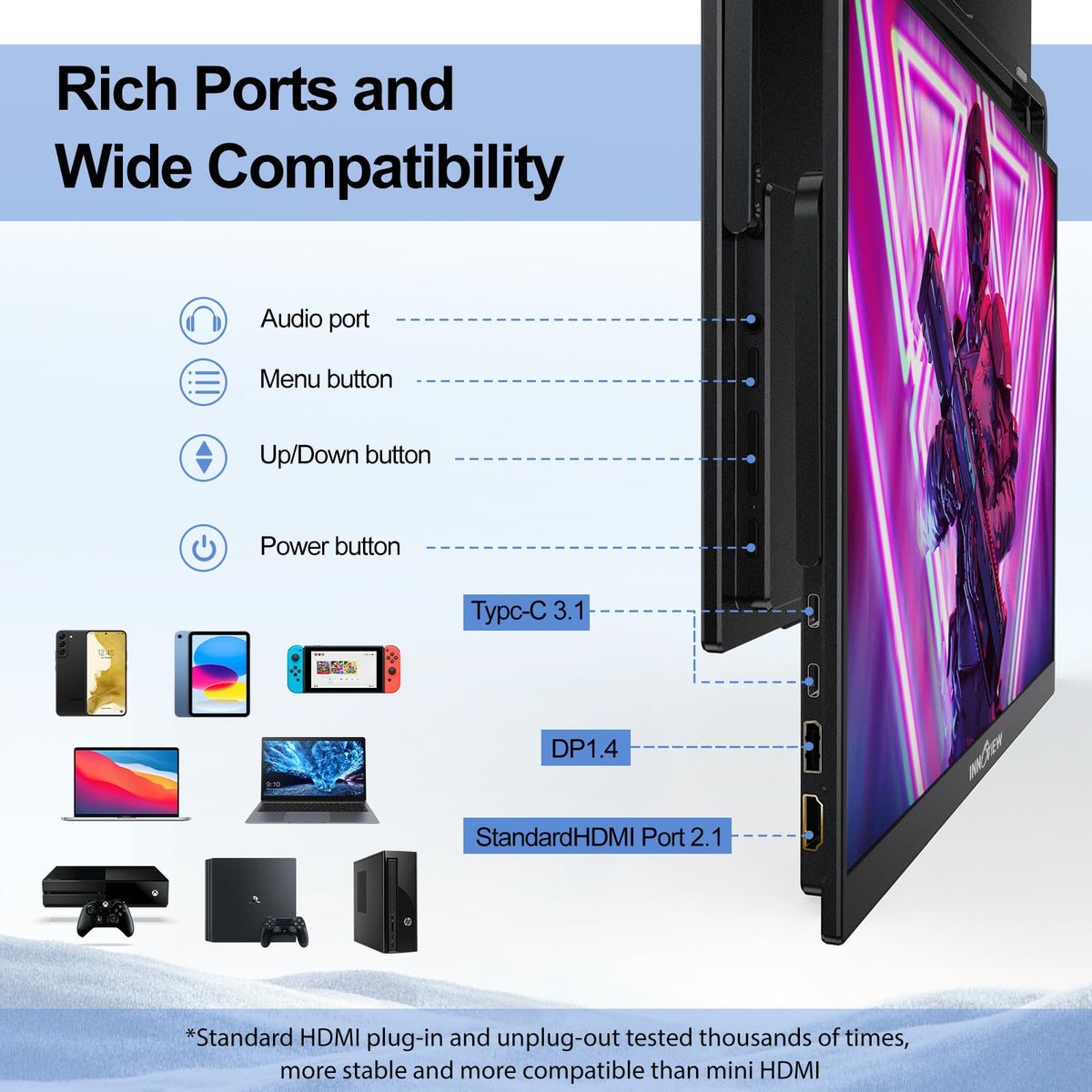 InnoView 18.5 Inch 280Hz Portable Gaming Monitor,2K QHD 100% sRGB Portable Monitor Gameplus HDR FreeSync Laptop Monitors,Portable Screen for PC Phone Game Console