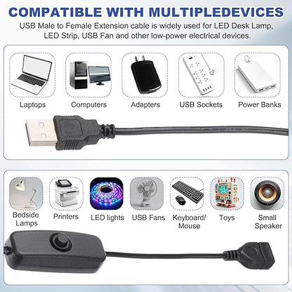 MECCANIXITY USB Extension Cable with ON/Off Button Switch 2m USB Male to Female Extension Cord for Desk Lamp Fan LED Light Strip Black Pack of 2