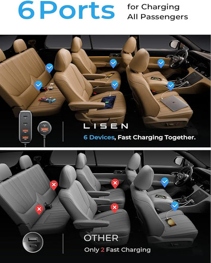 AINOPE 108W USB C Car Charger with 6 Fast Charging Ports, Road Trip Essentials Cigarette Lighter Car Travel Essentials for Long Trips Kids for iPhone 16 15 Pro Max 14 iPad S24 S25 Hire Tablet