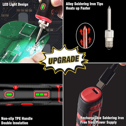 FrogBro 11W 2500mAh Cordless Soldering Iron Kit, Upgrade Max 968℉ Fast Heating Portable USB Rechargeable Soldering Iron High Capacity with Touch Sensor & LED Spotlight (2 tips+adaptor)