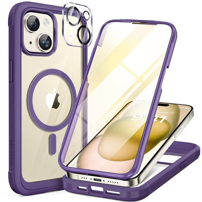 Miracase Glass Series for iPhone 15 Case [Compatible with MagSafe] Full-Body Magnetic Case with Built-in 9H Tempered Glass Anti-Fingerprint Screen Protector + Camera Lens Protector, Pink and Clear