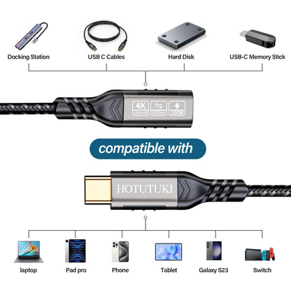 HOTUTUKI USB-C Extension Cable 16.5ft/5M, Male to Female Extender, Braided Data Cord, 100W PD Fast Charging, 20 Gbps