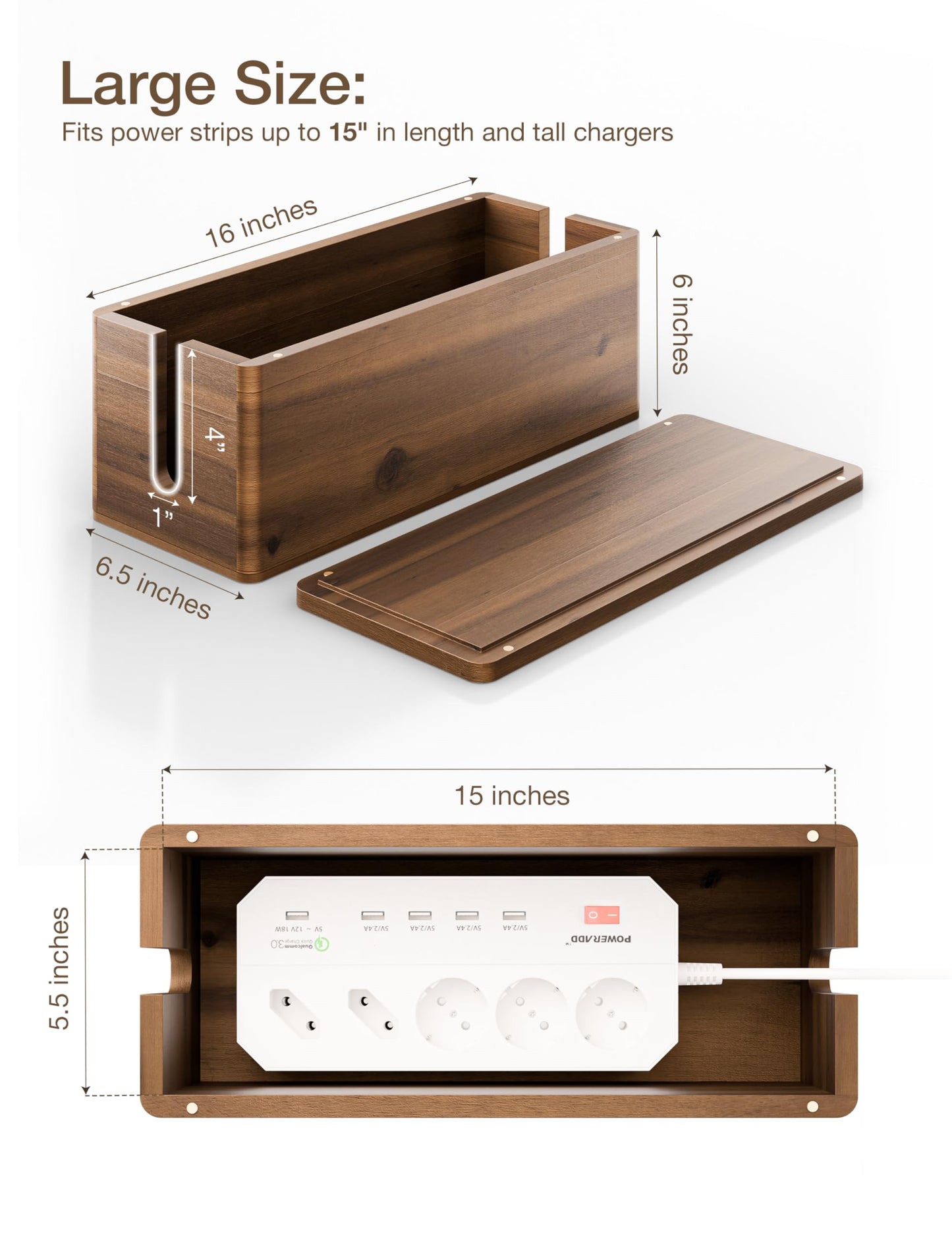 TIDITA 16" L Wooden Large Cable Management Box Round Edge (Walnut Color)