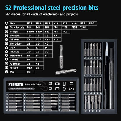 STREBITO Micro Screwdriver Set 50 in 1 Precision Screwdriver Set, S2 Steel Multi Bit Mini Repair Kit for Electronics, Computer, Phone, Laptop, Glass, Watch, Switch, Game Controller