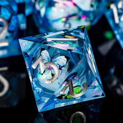 Butterfly DND Dice Colorful Blue Liquid Core Dice Set with Metal Box, Handmade Sharp Edge D and D Polyhedral Dice for use with D&D Role Playing Game, D20 D12 D10 D8 D6 ﻿